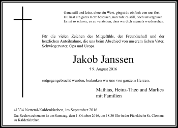 Traueranzeige von Jakob Janssen von Rheinische Post