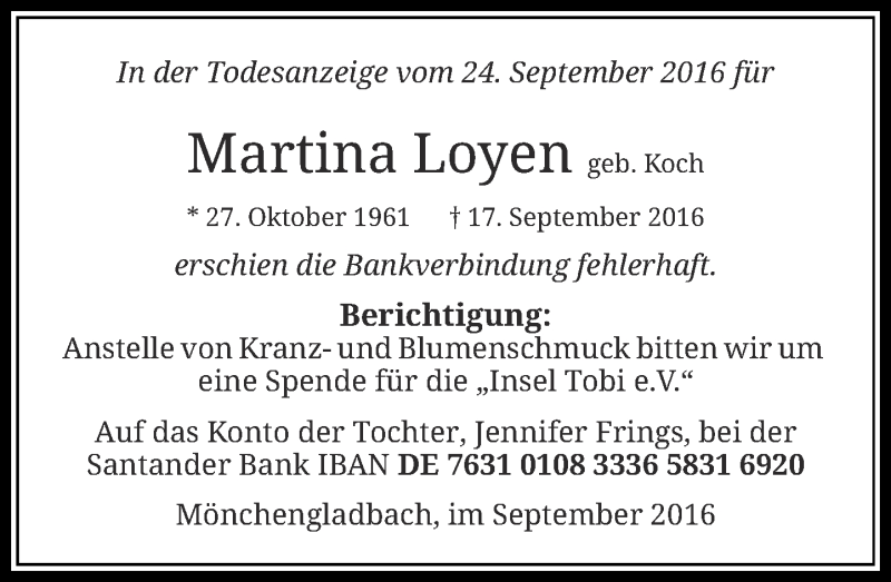  Traueranzeige für Martina Loyen vom 28.09.2016 aus Rheinische Post