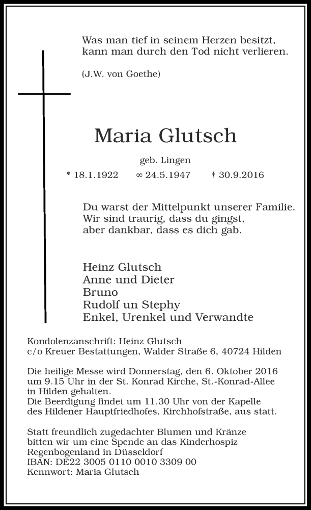  Traueranzeige für Maria Glutsch vom 03.10.2016 aus Rheinische Post