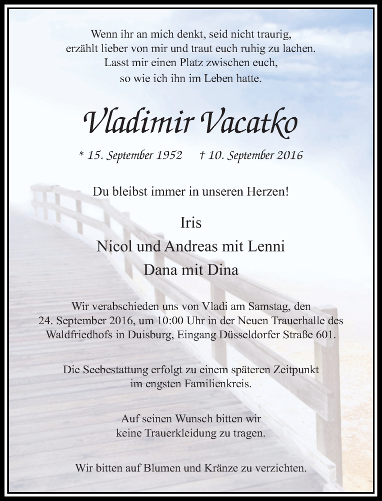  Traueranzeige für Vladimir Vacatko vom 17.09.2016 aus Rheinische Post