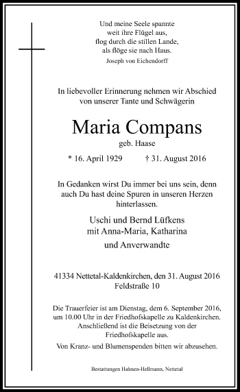 Traueranzeige von Maria Compans von Rheinische Post