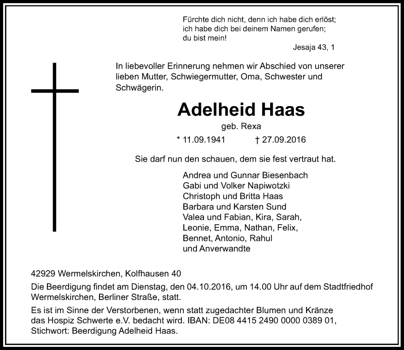  Traueranzeige für Adelheid Haas vom 01.10.2016 aus Rheinische Post