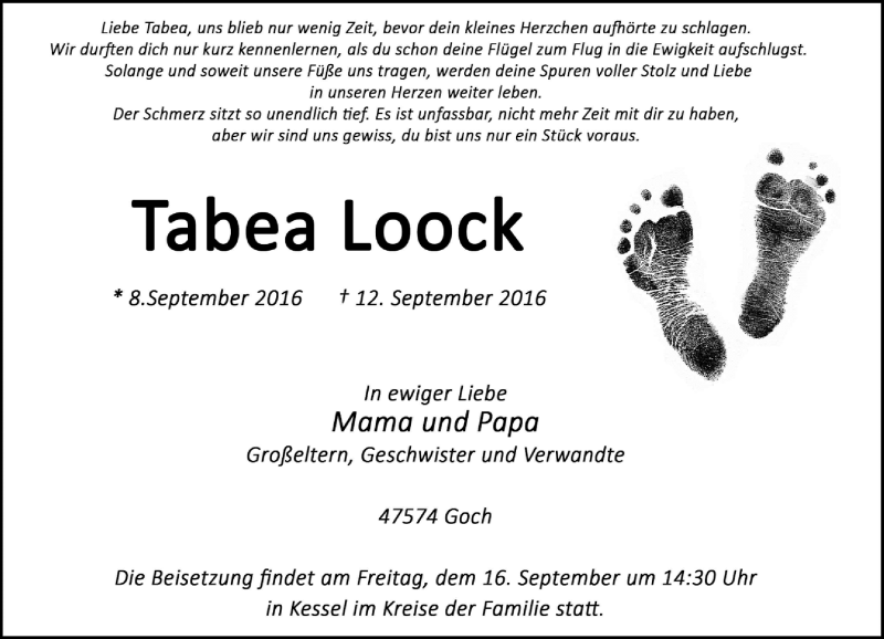  Traueranzeige für Tabea Loock vom 16.09.2016 aus Rheinische Post