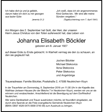 Traueranzeige von Johanna Elisabeth Böckler von Rheinische Post