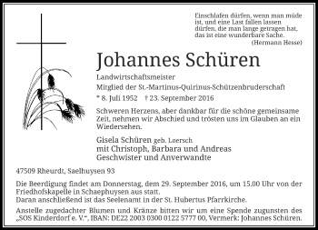 Traueranzeige von Johannes Schüren von Rheinische Post