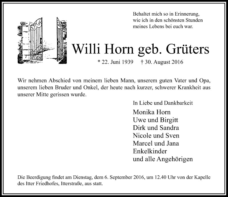  Traueranzeige für Willi Horn vom 03.09.2016 aus Rheinische Post