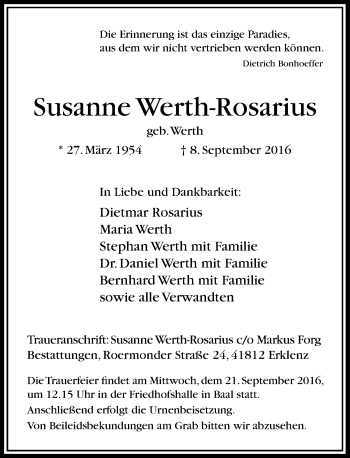 Traueranzeige von Susanne Werth-Rosarius von Rheinische Post