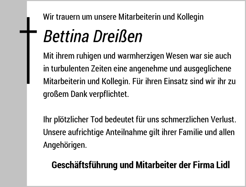  Traueranzeige für Bettina Dreißen vom 10.09.2016 aus Rheinische Post