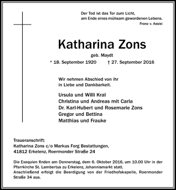 Traueranzeige von Katharina Zons von Rheinische Post