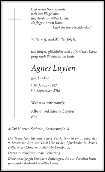 Traueranzeige von Agnes Luyten von Rheinische Post