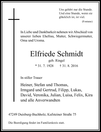 Traueranzeige von Elfriede Schmidt von Rheinische Post