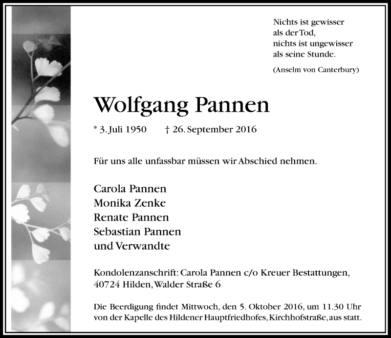  Traueranzeige für Wolfgang Pannen vom 01.10.2016 aus Rheinische Post