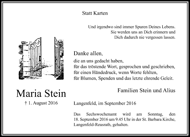  Traueranzeige für Maria Stein vom 10.09.2016 aus Rheinische Post