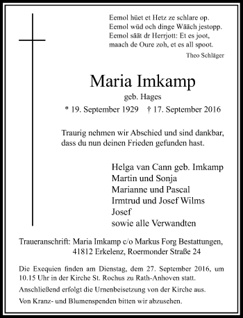 Traueranzeige von Maria Imkamp von Rheinische Post