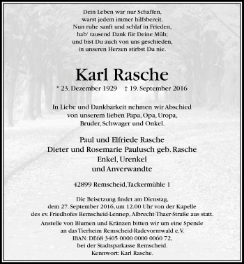 Traueranzeige von Karl Rasche von Rheinische Post