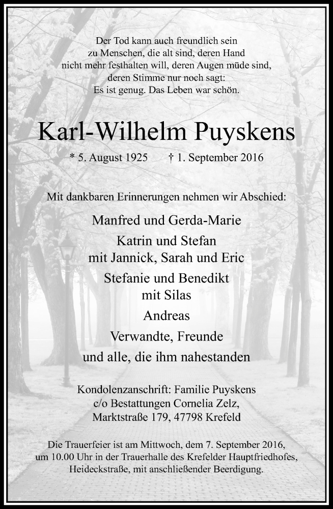  Traueranzeige für Karl-Wilhelm Puyskens vom 03.09.2016 aus Rheinische Post