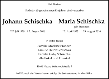 Traueranzeige von Johann und Maria Schischka von Rheinische Post