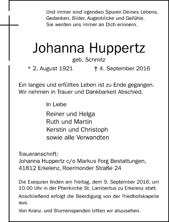 Traueranzeige von Johanna Huppertz von Rheinische Post