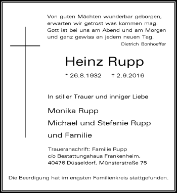 Traueranzeige von Heinz Rupp von Rheinische Post