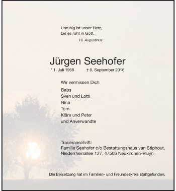 Traueranzeige von Jürgen Seehofer von Rheinische Post