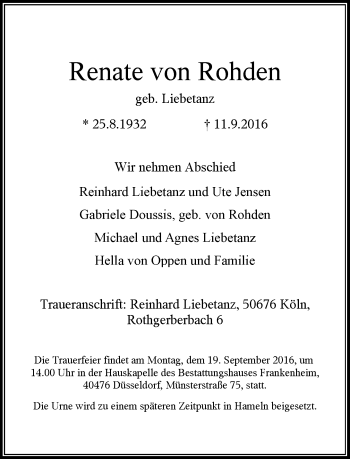 Traueranzeige von Renate von Rohden von Rheinische Post