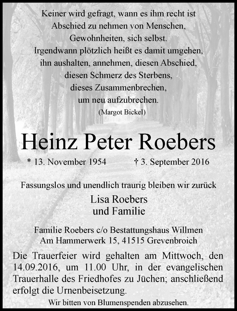  Traueranzeige für Heinz Peter Roebers vom 10.09.2016 aus Rheinische Post
