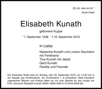 Traueranzeige von Elisabeth Kunath von Rheinische Post