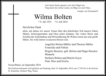 Traueranzeige von Wilma Bolten von Rheinische Post