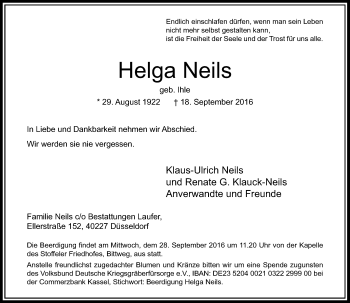 Traueranzeige von Helga Neils von Rheinische Post