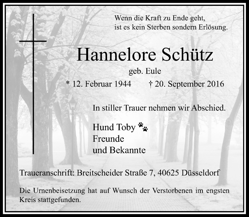  Traueranzeige für Hannelore Schütz vom 08.10.2016 aus Rheinische Post