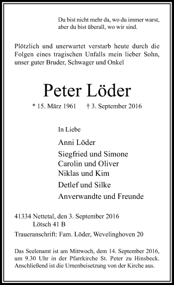 Traueranzeige von Peter Löder von Rheinische Post