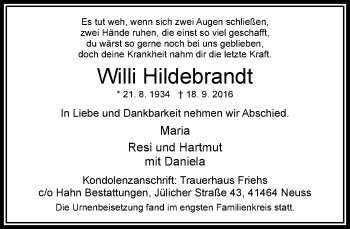 Traueranzeige von Willi Hildebrandt von Rheinische Post