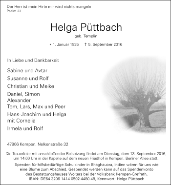 Traueranzeige von Helga Püttbach von Rheinische Post