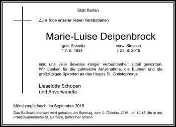 Traueranzeige von Marie-Luise Deipenbrock von Rheinische Post