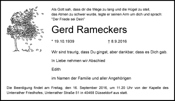 Traueranzeige von Gerd Rameckers von Rheinische Post