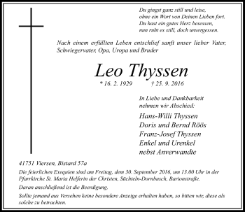 Traueranzeige von Leo Thyssen von Rheinische Post