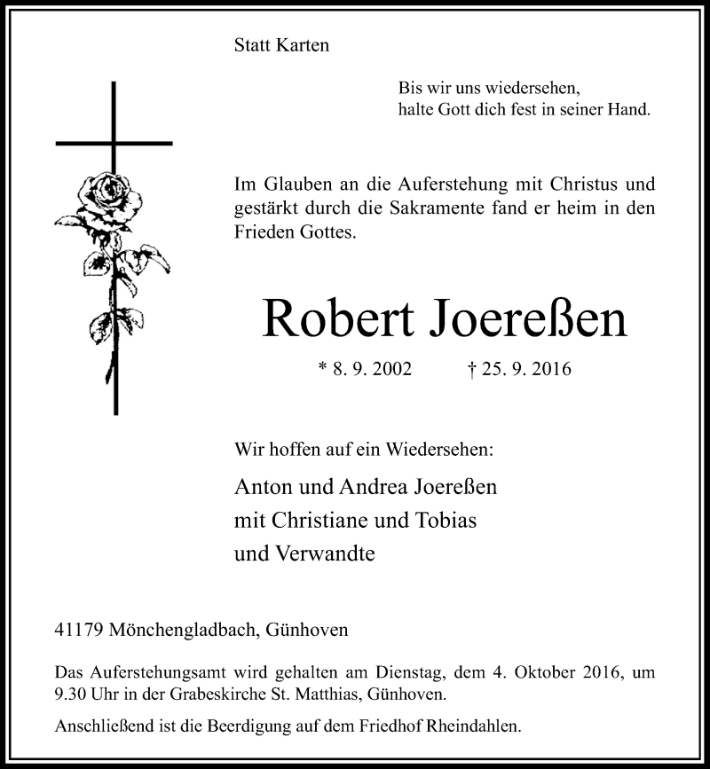  Traueranzeige für Robert Joereßen vom 28.09.2016 aus Rheinische Post