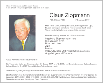 Traueranzeige von Claus Zippmann von Rheinische Post