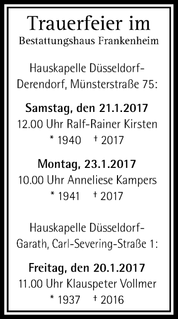 Traueranzeige von Bestattungen vom 19.01.2017 von Rheinische Post