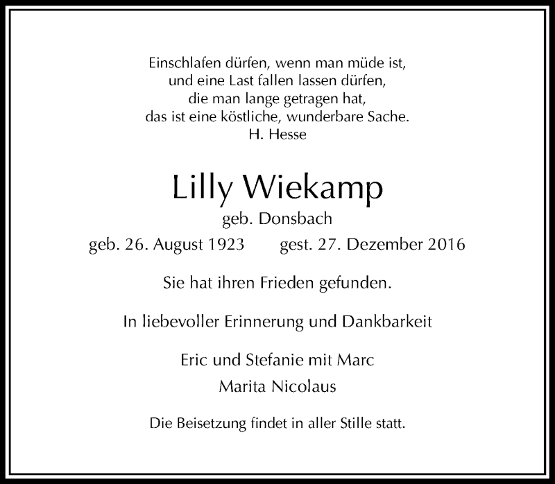  Traueranzeige für Lilly Wiekamp vom 04.01.2017 aus Rheinische Post