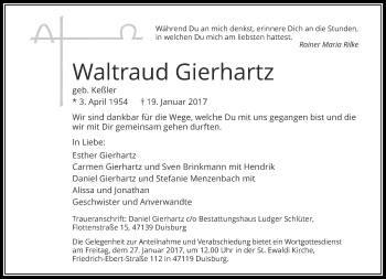 Traueranzeige von Waltraud Gierhartz von Rheinische Post