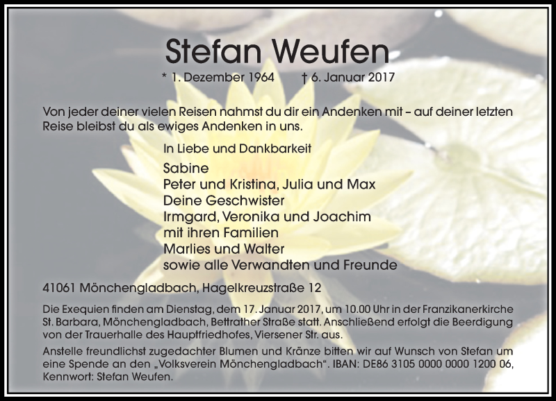  Traueranzeige für Stefan Weufen vom 11.01.2017 aus Rheinische Post