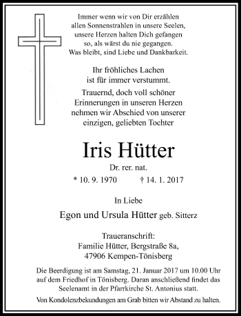 Traueranzeige von Iris Hütter von Rheinische Post