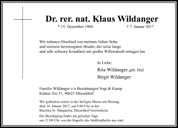 Traueranzeige von Klaus Wildanger von Rheinische Post