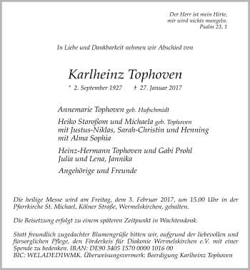 Traueranzeige von Karlheinz Tophoven von Rheinische Post