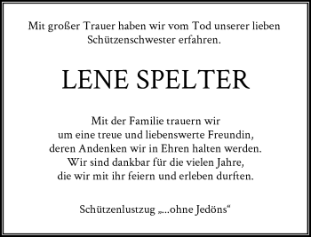 Traueranzeige von Lene Spelter von Rheinische Post