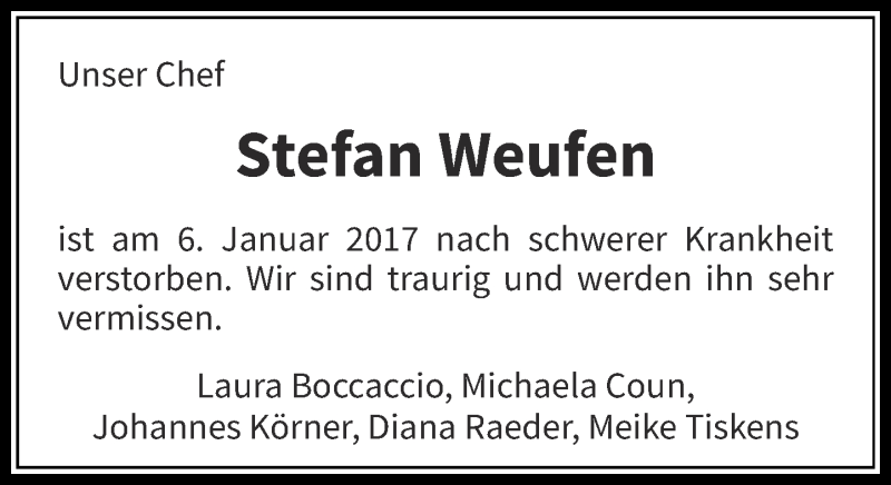  Traueranzeige für Stefan Weufen vom 12.01.2017 aus Rheinische Post