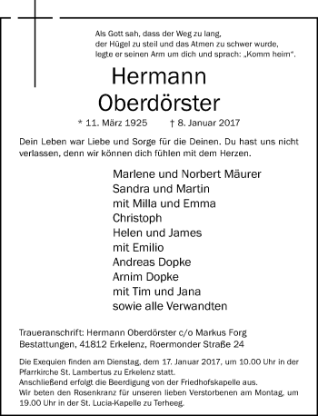 Traueranzeige von Hermann Oberdörster von Rheinische Post