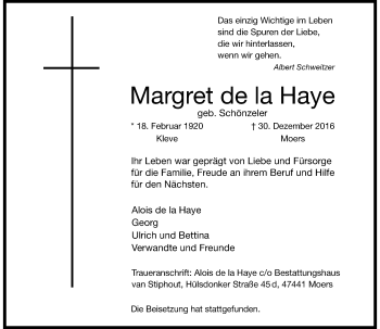 Traueranzeige von Margret de la Haye von Rheinische Post