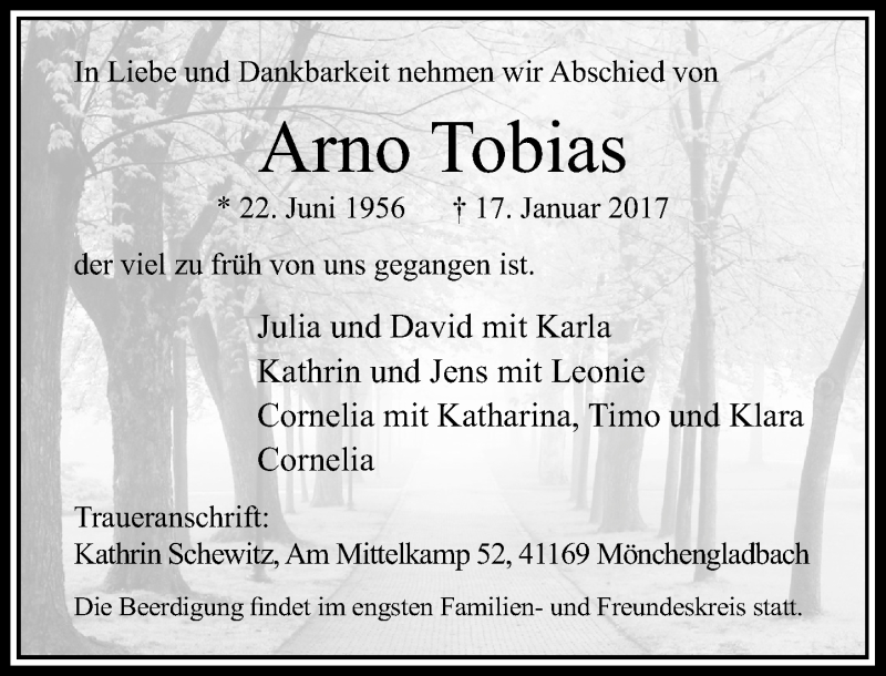  Traueranzeige für Arno Tobias vom 21.01.2017 aus Rheinische Post